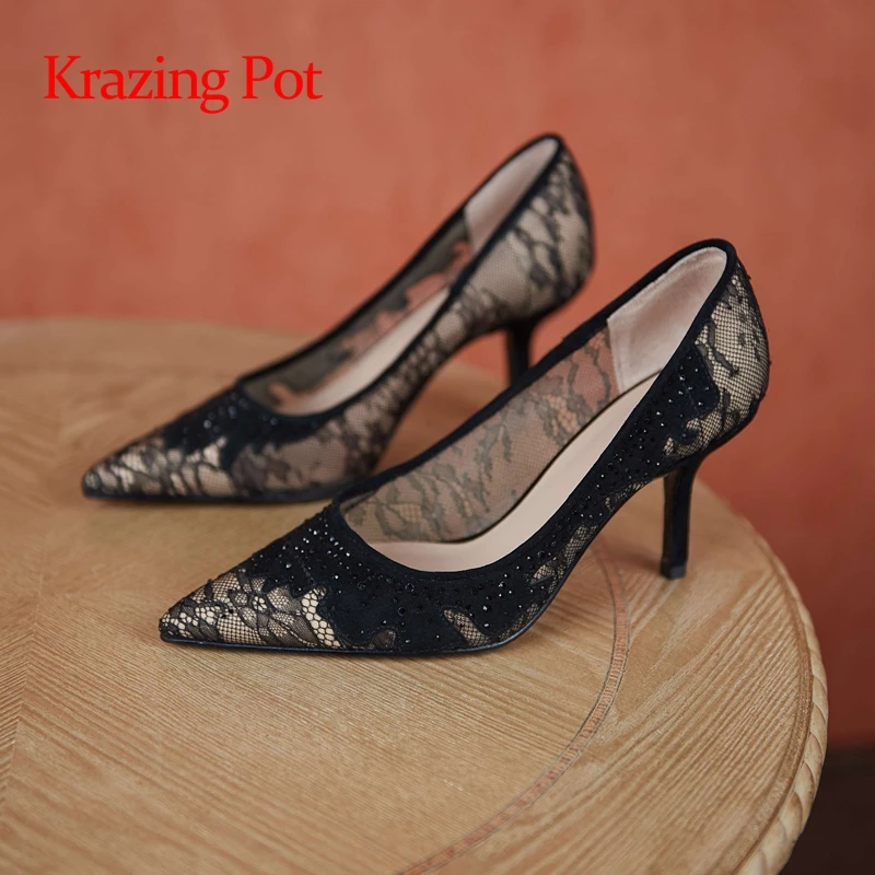 

Krazing Pot 2021 summer new arrival brand shoes lace pointed toe thin high heels beauty lady evening party sexy women pumps L93