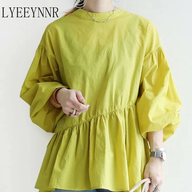 

LYEEYNNR Cotton Shirts Japan Style Harajuku Blouse Women Slim Waist O Neck Long Sleeve Blouses Pure Color Loose Ladies Tops
