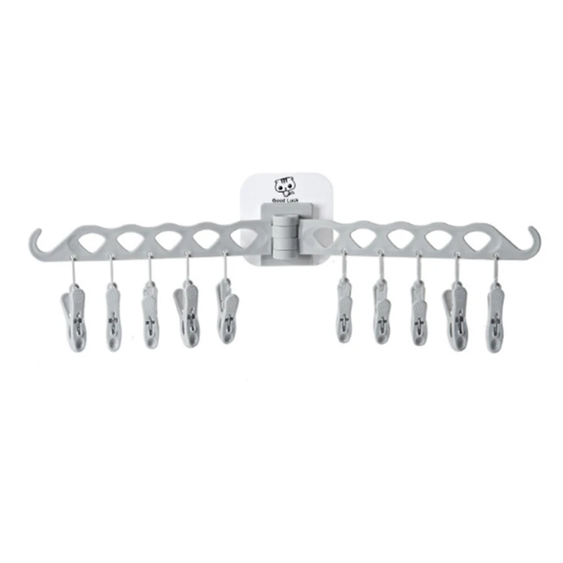

Multi-functional Self-adhesive Clothes Hanger Plastic 10 Clips Clothes Rack Bra Socks Sundry Folding Wall-Mounted Clothes Hanger