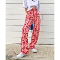 missnight pink pants heart printed straight elastic high waist pants drawstring fashion pants streetwear vintage 2022 harajuku