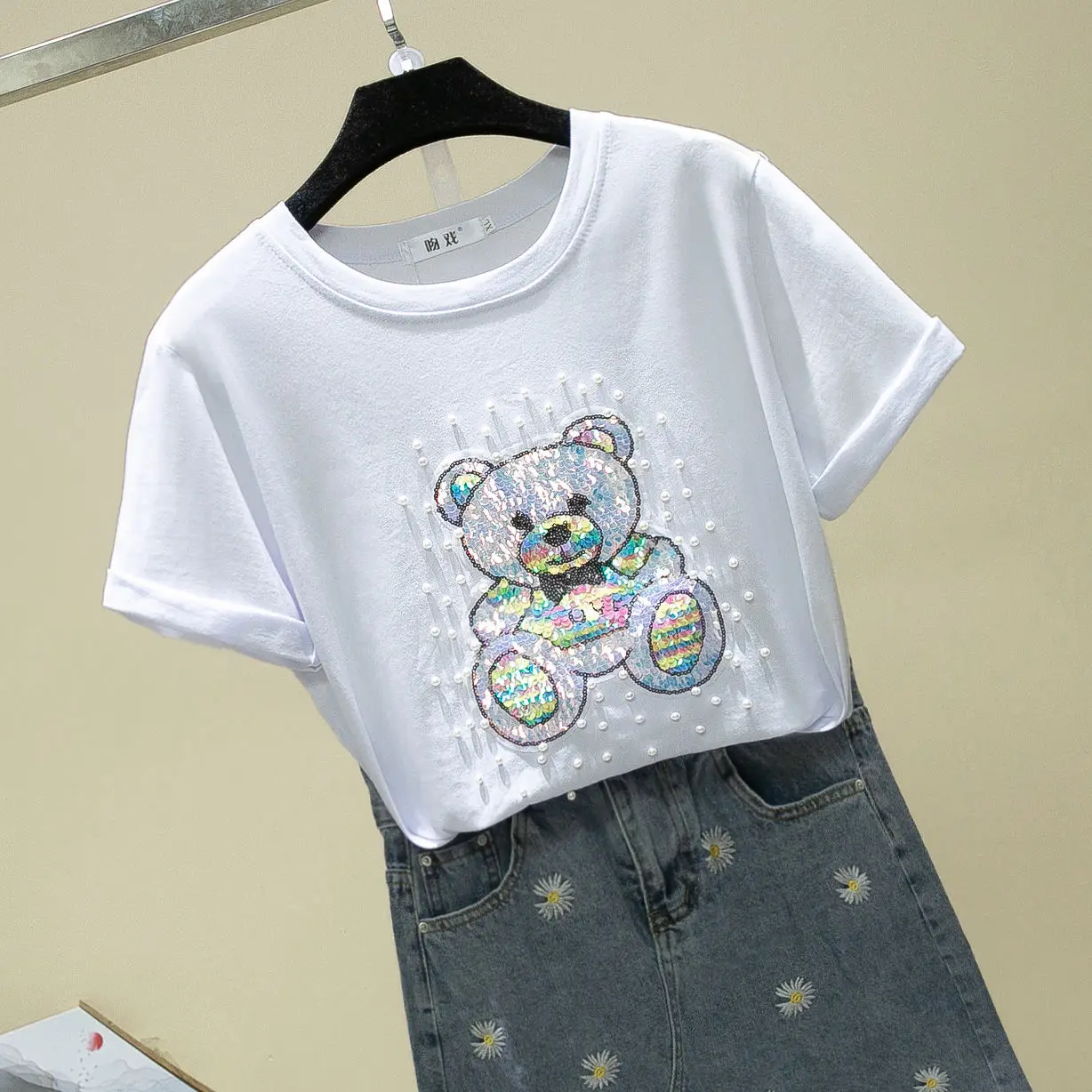 

Beaded Bear Cotton Tshirt Women's 2021 New Style Short-sleeved Female Students Korean Version Loose Tops Harajuku Women Shirts