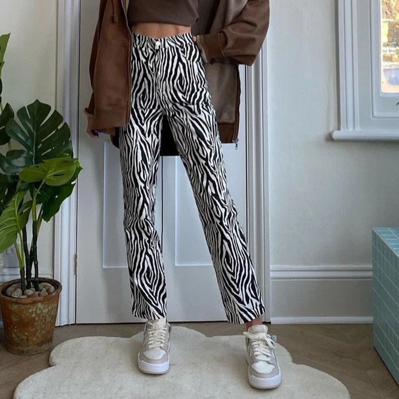Брюки женские прямые в американском стиле черные с узором зебры тонкие