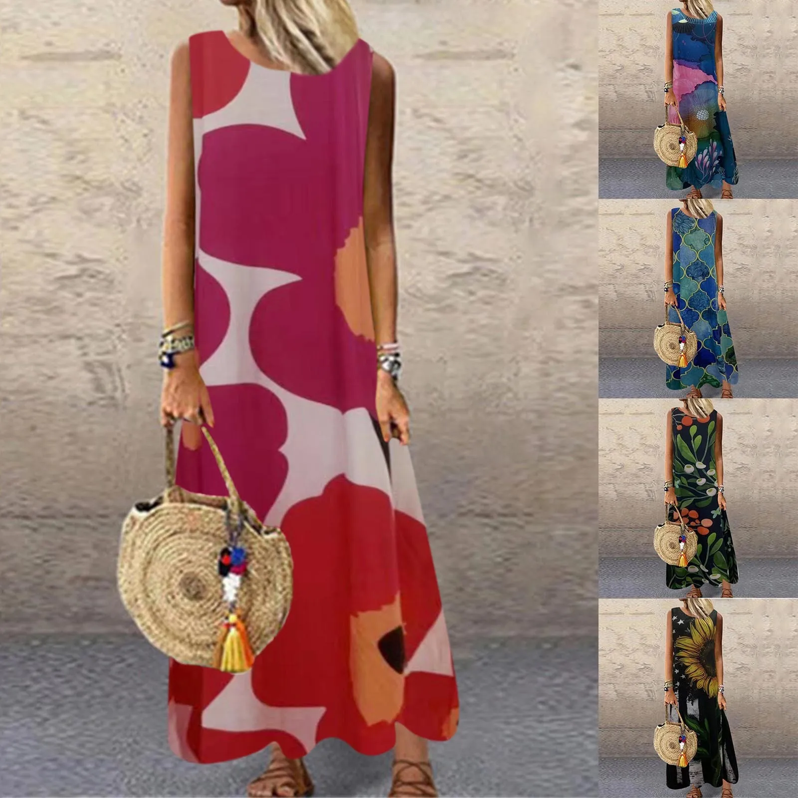 

40# Harajuku Printed Dress Women Loose O-neck Sleeveless Robe Femme Vintage Tank Dress Plus Size Bohemian maxi dress Vestido