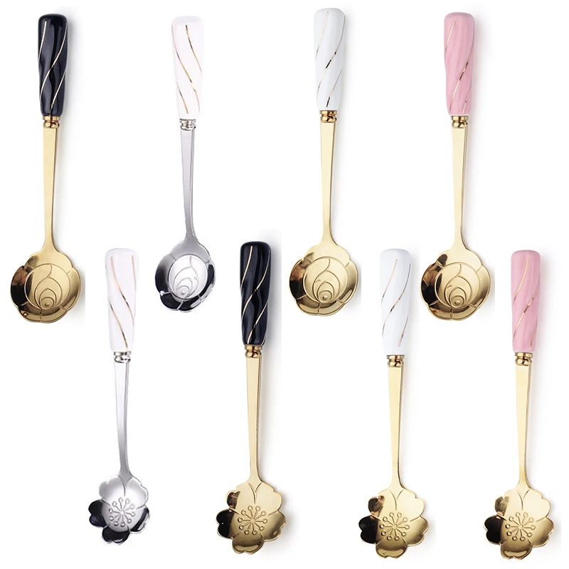

1PCS Stainless Steel Cute Flower Spoon Ceramic Handle Spoon Mixing Spoon Elegant Coffee Dessert European Style Ice Cream Spoons