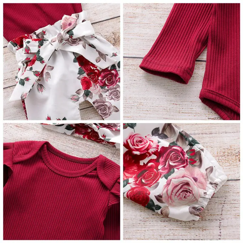 

2021 Baby Cute Cotton Sets Autumn Baby Girl Long Flare Sleeve Romper Tops Floral Trousers Headband Outfits Clothes New Arrive