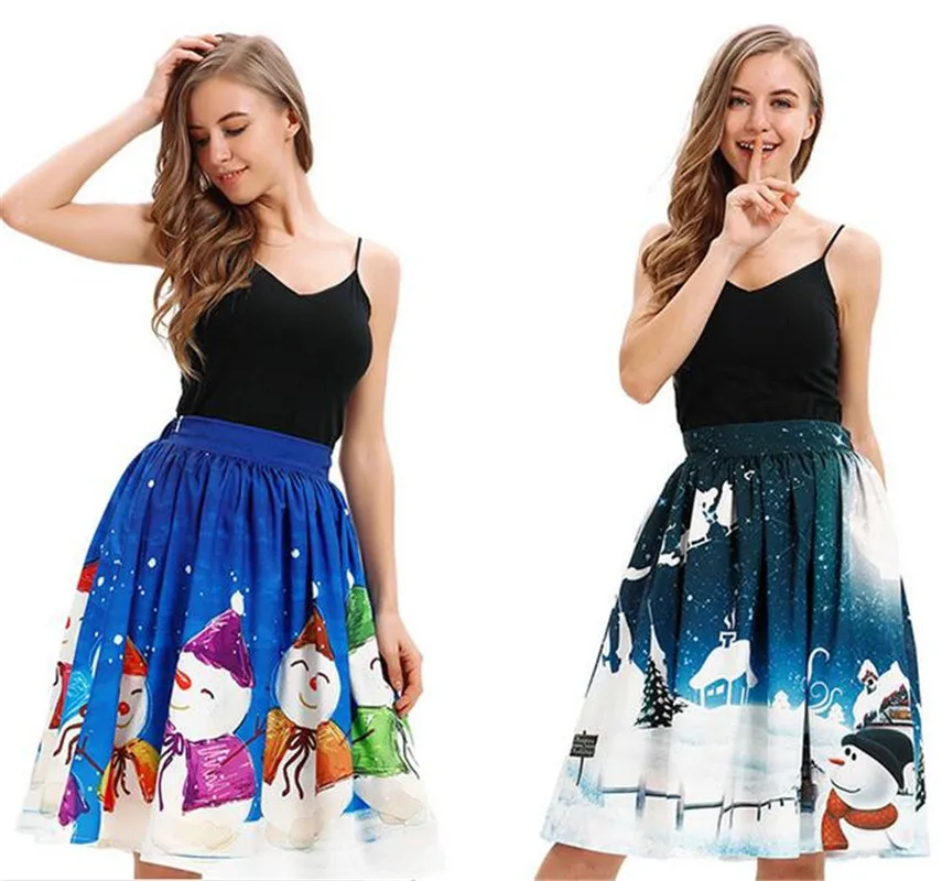 

Hepburn Vintage Skirt Printed Blue Snowman Christmas High Waist Mid Length Skirt Street Style Puffy Skirt