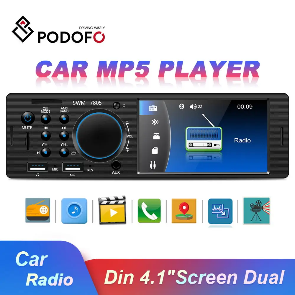

Podofo 1Din Autoradi 4.1" Car Stereo Radio Bluetooth FM Radio USB/AUX/ Remote Control Audio MP4 MP5 Player 12V With Rear Camera