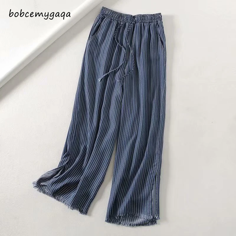 Джинсовые брюки с бахромой в полоску джинсы ярко-синего цвета широкие Свободные