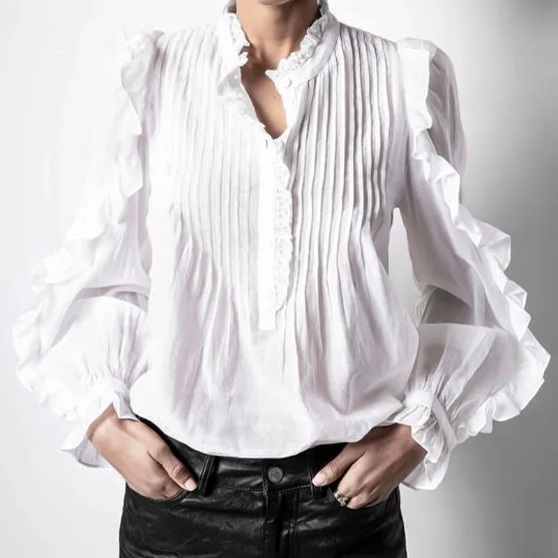 

Новинка 2021 однотонная элегантная плиссированная шелковая хлопковая рубашка с длинными рукавами и оборками