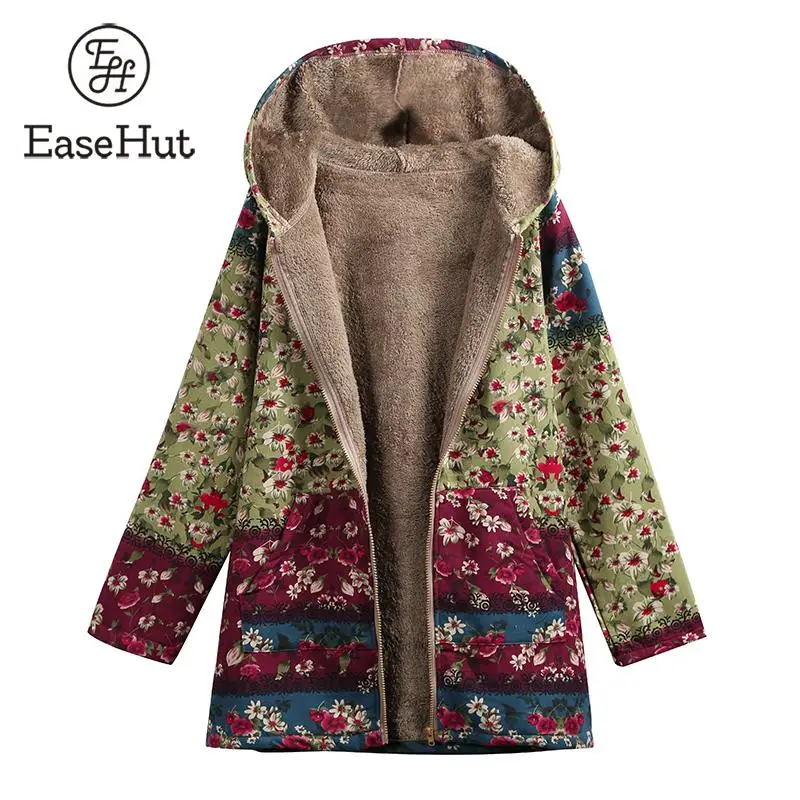 EaseHut Fall Long Hooded Coats Retro Floral Print Long Sleeve Autumn Lady Casual Parkas 5XL Plus Size Winter Women Jackets