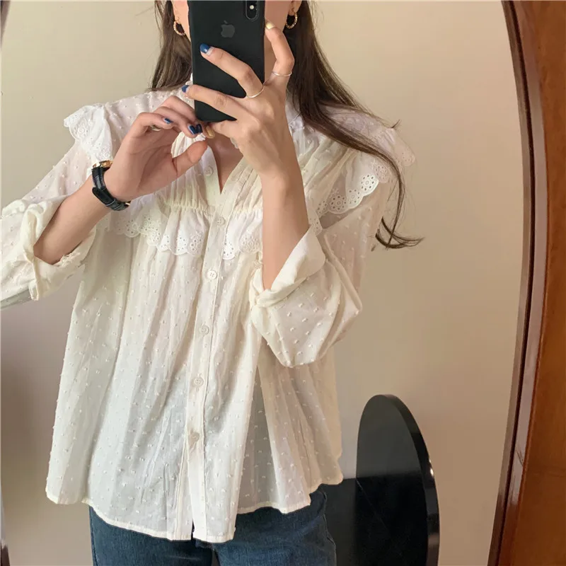 

Korean Cute Female Stand Chic Sweet Women 2021 New Shirts High Street All Match OL Full Sleeves Stylish Blouses