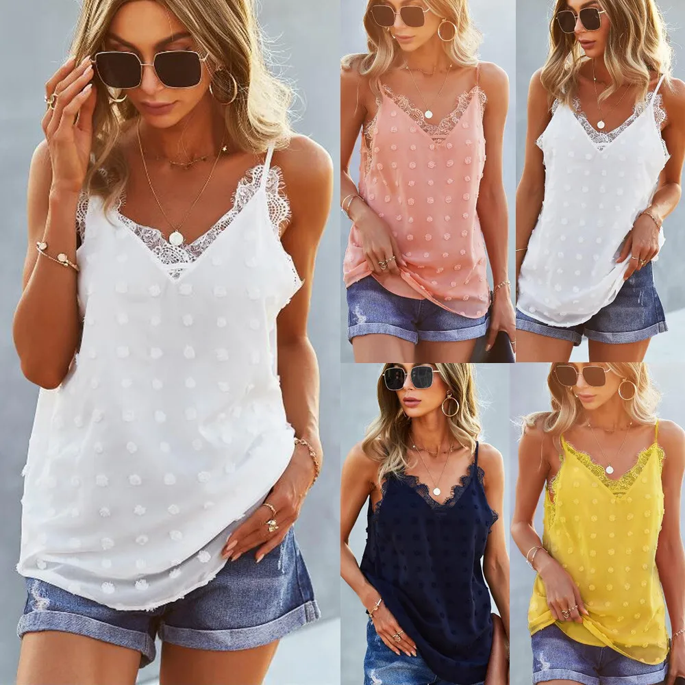 

2021 Beach Crop Tops Women 2021 V-Neck Lace Boho Camisole Summer Sexy T-Shirt Vest Singlets Tees Women Clothing Tank Top