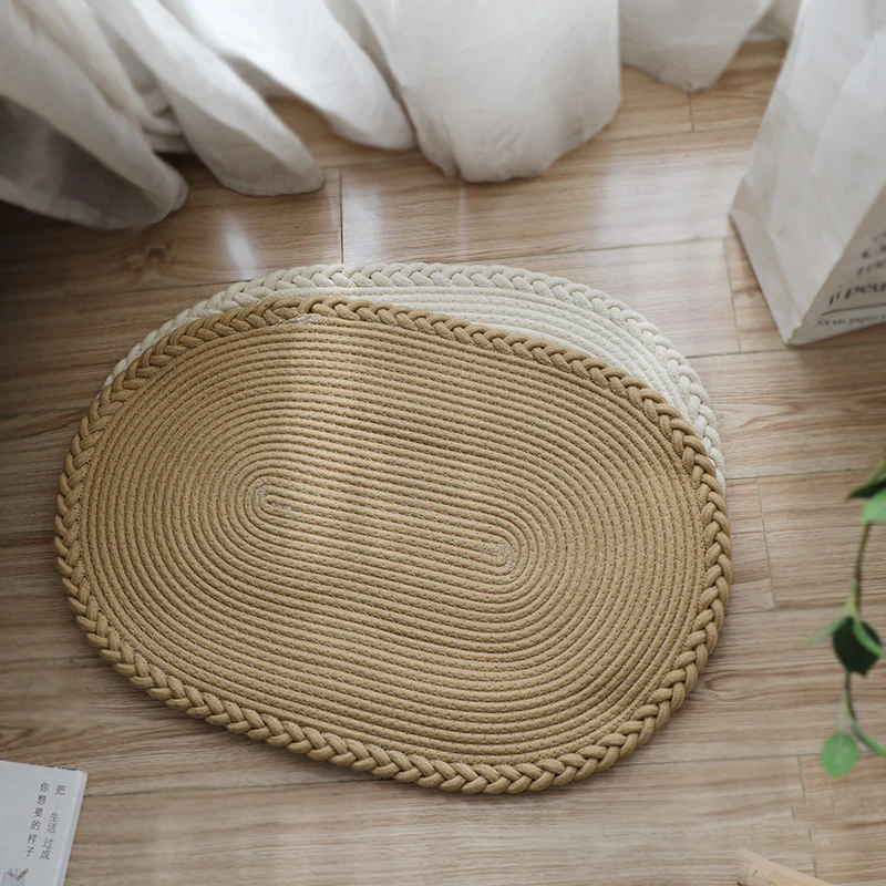 Simple hand-woven mats porch floor door bathroom absorbent pads cream oval | Rug