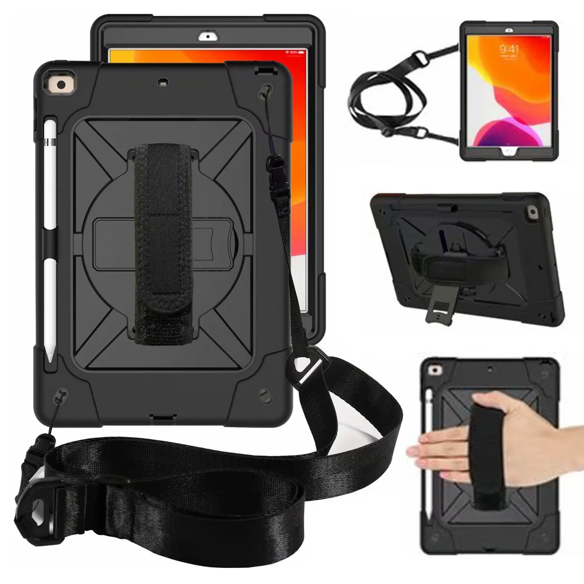 

For iPad 8th Generation Case 2020 Pencil Holder Heavy Duty Rugged Hybrid Armor Hand Shoulder Strap Cover for iPad 9th 7th 10.2