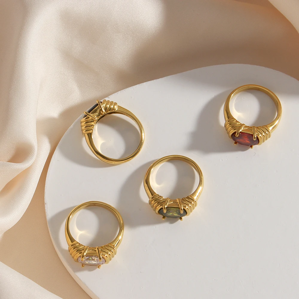 

Delicate Engraved Texture 18K Gold plated black white red gree oval cutt zircon stone rings for women shiny party ring jewelry
