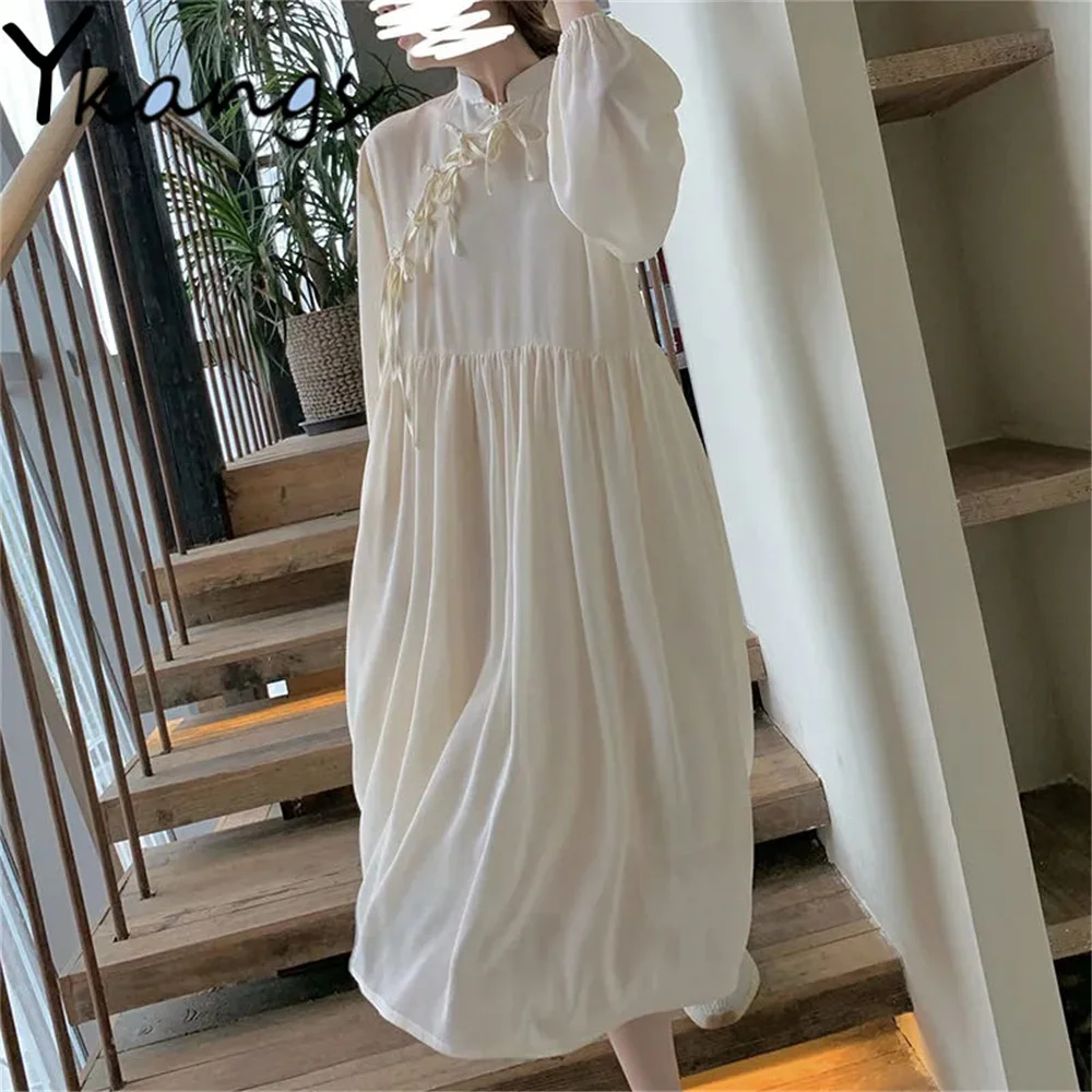 

Женское платье с бантом, элегантное винтажное платье в стиле преппи, свободное платье с длинными рукавами и шнуровкой, весна