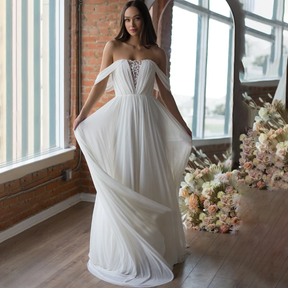 Ruched Chiffon Off The Shoulder Wedding Dress Simple Lace Beach A Line 2021 Zipper Cheap Pleated Flutter Sleeves Bridal Gown