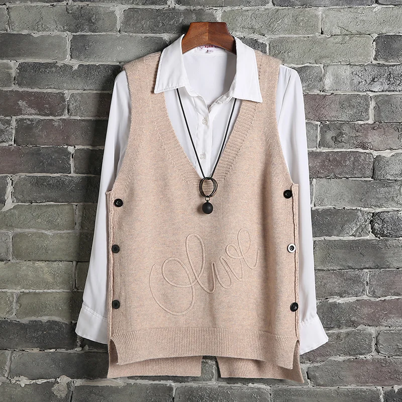 

Women's Waistcoat Side Buttons Solid Vest Sleeveless Casual Knitted Sweater Vest Female 2020 Autumn Plus Size Lady Pullover Tops