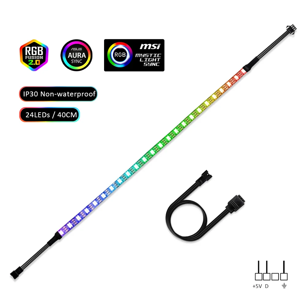 1x40cm 24leds IP30 Светодиодные ленты светильник RGB 5V прибор приемно-ws2812b полосы для ПК чехол материнская плата 3 контактный разъем для ASUS Aura SYNC, MSI Mystic светильник синхронизации - Испускаемый цвет: 1x40cm 24leds IP30