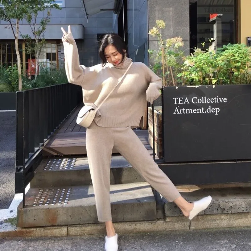 

LLZACOOSH Women Turtleneck Warm Knit Tracksuit Fashion Split Knitted Loose Sweater 2 Piece Pant Set + Elastic Waist Pants Suits