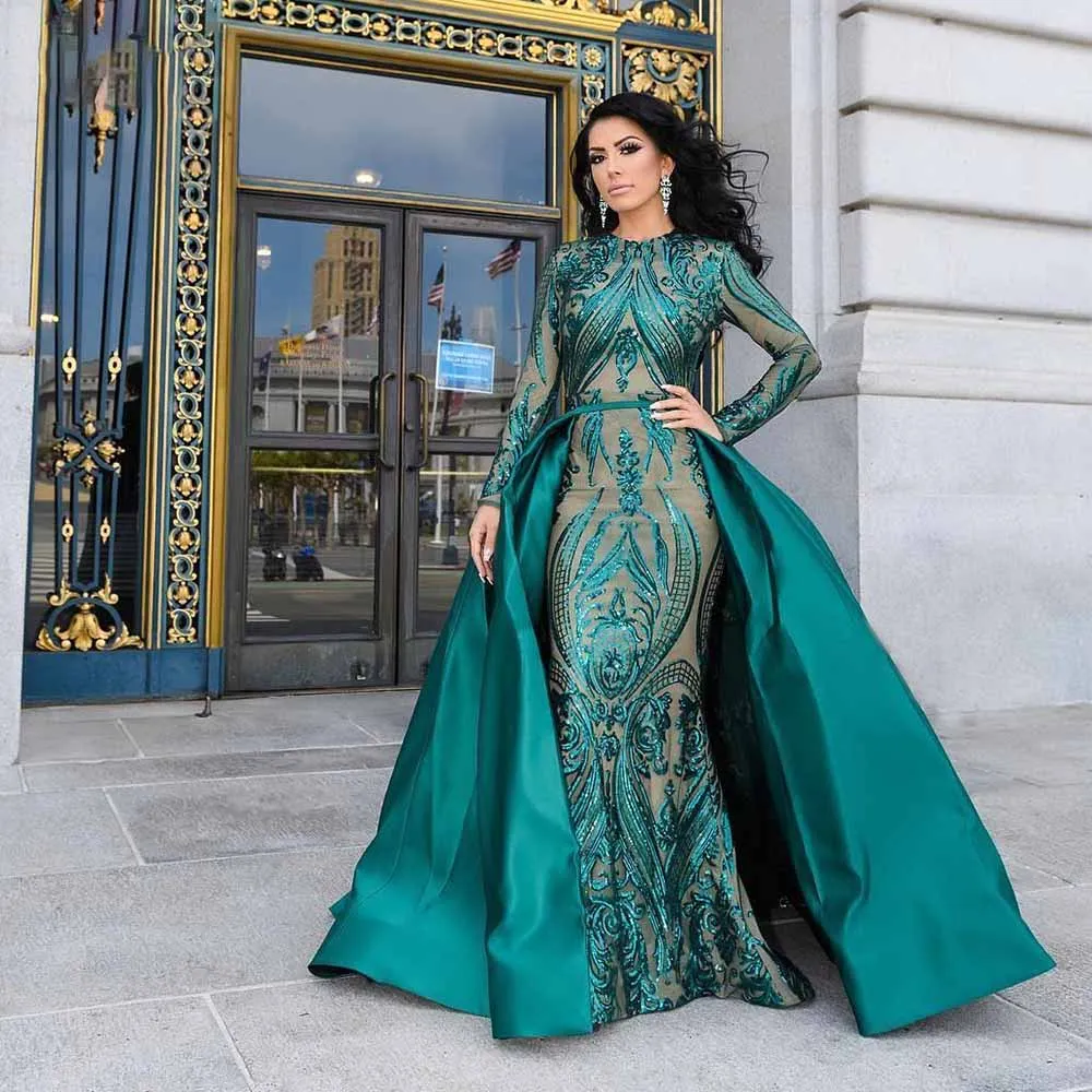 

DressbLee изумрудно-зеленое вечернее платье Дубая 2019 Пышное Платье с длинным рукавом блестками Русалка официальное платье со съемным шлейфом