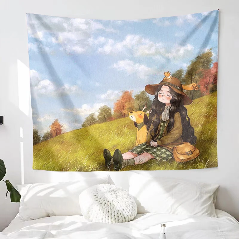Ins Girl and Dog Background Cloth Wall Hanging Tapestry Hand-painted Dorm Room Girls Bedroom Dormitory Decor | Дом и сад