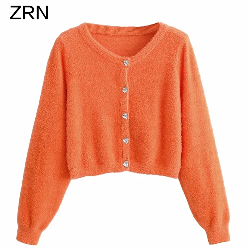 Женский Повседневный Укороченный кардиган ZRN оранжевый однотонный с круглым