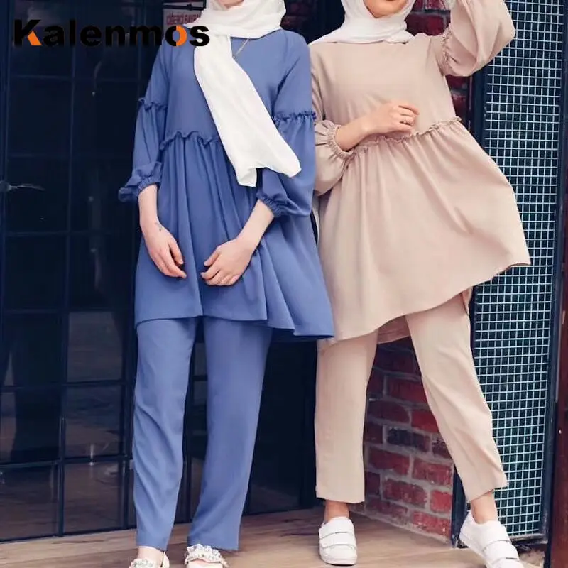 Muslim Ramadan Two Piece Set Women Sets Arab Turkey Islam Solid Tops and Long Pant Islamic Clothing Abaya Musulman Ensembles |