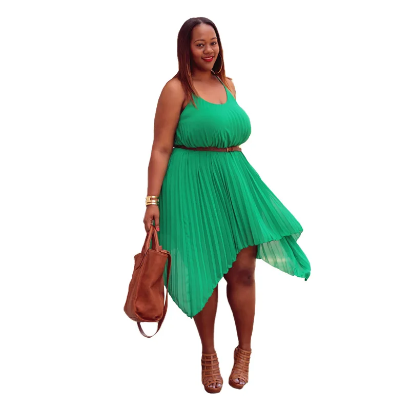 

4xl 5xl Green Plus Size Women's Dress Summer Sleeveless Fashion Round Neck Pleated Irregular Dress Party Vestidos Midi Length