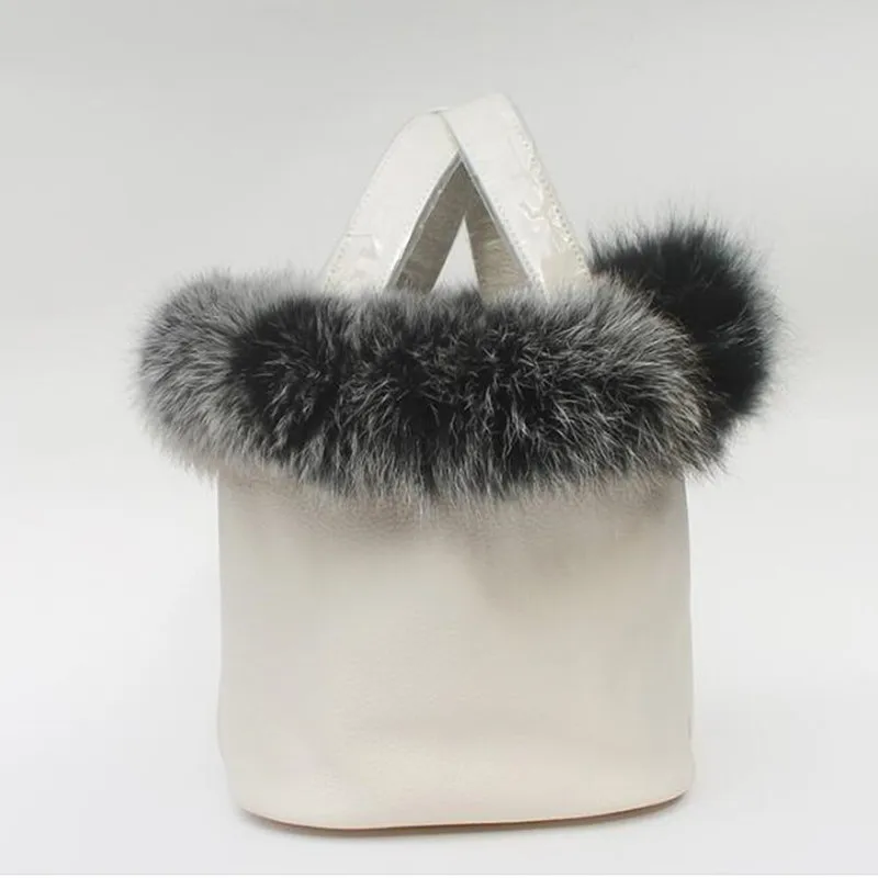 

100% Real Fox Fur Hair Hand Bag Genuine Leather Ladies Handbag Famous Brand Designer Women Tote Bag Picotin Lock Bucket Bag Hot
