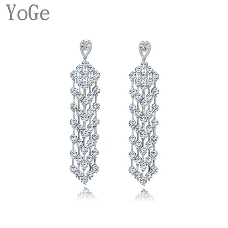 YoGe Wedding&ampParty Jewelry E0365 fashion AAA CZ shinning round stones long drop tassel earrings | Украшения и аксессуары