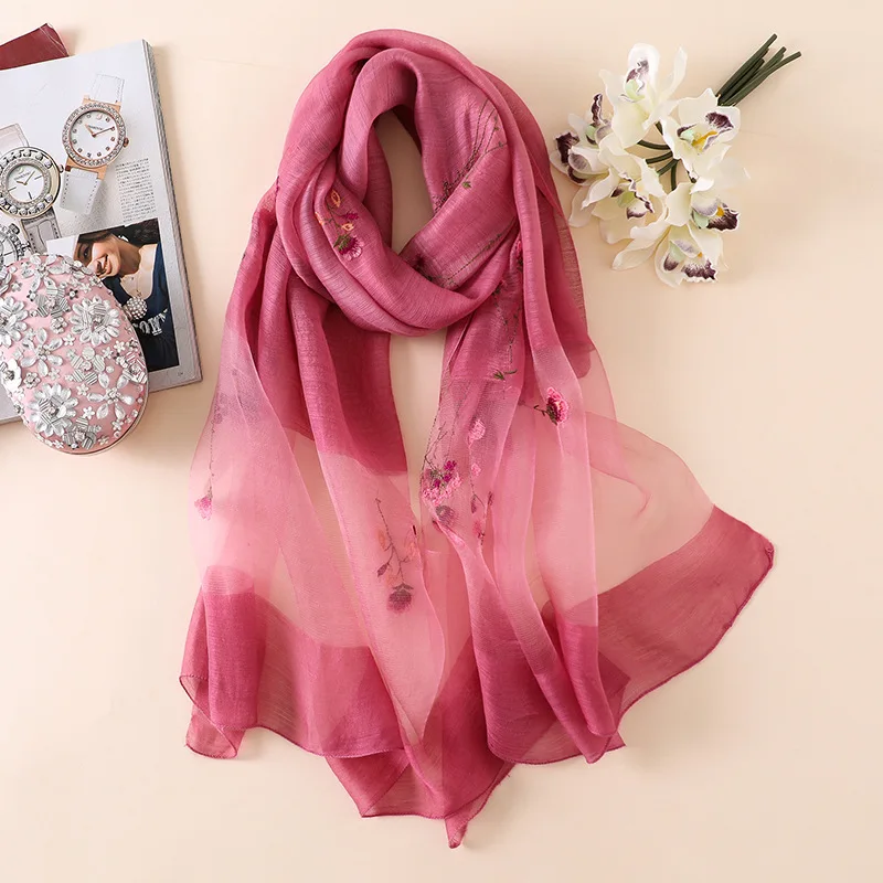 Новинка 2020 Шелковый шерстяной шарф женская элегантная шаль с цветочной вышивкой