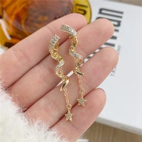 new design 14k real gold spiral chain five pointed star rear hanging type stud earrings for women cubic zircon zc earrings