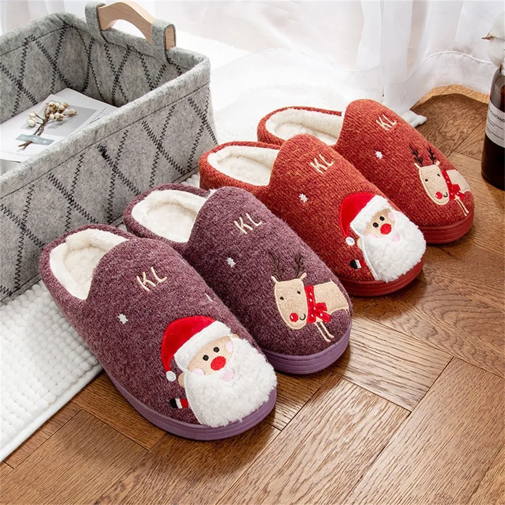 Зимние домашние тапочки из флока с плюшевой подкладкой теплые рождественские на