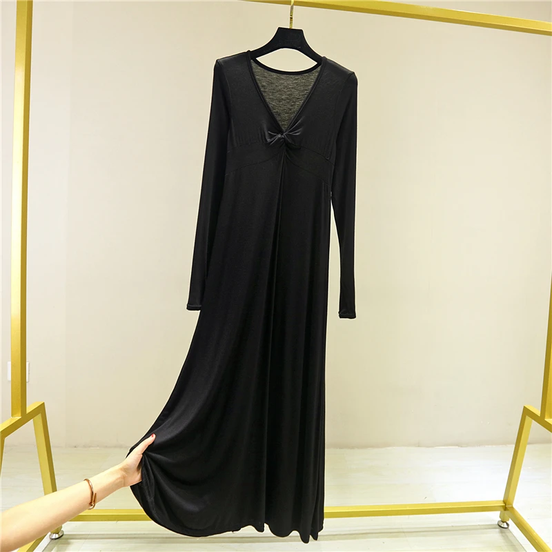 Женское трикотажное платье-миди с длинным рукавом и V-образным вырезом | Женская