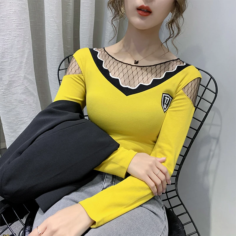

New 2021 Spring Autumn Women's T-Shirt Fashion Casual O-Neck Cotton Tops Elegant Sexy Patchwork Hollow Out tshirt for Women