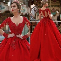 red lace appliqued beaded ball gown wedding dresses long sleeves plunging v neck arabic dubai formal party wear gowns celebrity