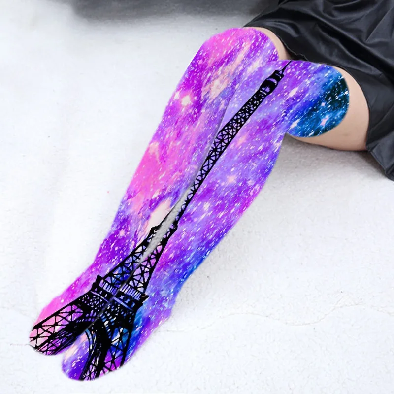 Для женщин Тонкий цветочный 3D печать чулки Пикантные ботфорты высокого нoски вышe