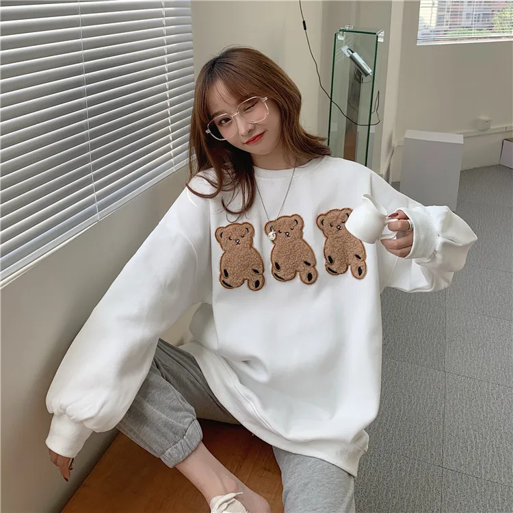 

XZ2088 new Cartoon bear Hoodies women all-match loose top Sweatshirts