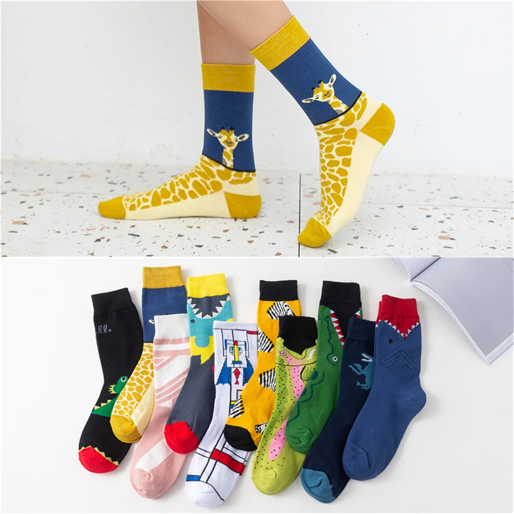 

Unisex Combed Cotton Cartoon Animal Crew Shark Dinosaur Monster Crocodile Zebra Giraffe Geometric Novelty Funny Happy Socks