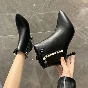hot sale brand women shoes ankle boots women pointed toe pearl high heels shoes woman chunky heel fashion winter boots 2022 free global shipping