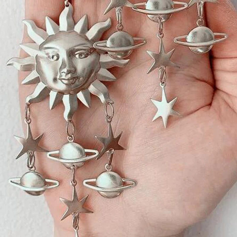 

Statement Brass Sun Earrings Celestial Jewelry for Women Hippie Gypsy Stars Sun Universe Earrings Saturn Space Earrings KL38DH