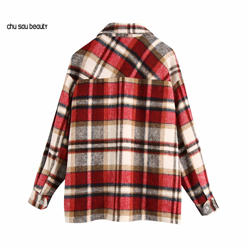 

Women 2021 Fashion Oversized Plaid Jacket Coat Vintage Long Sleeve Pockets Female Outerwear Chic Tops C81