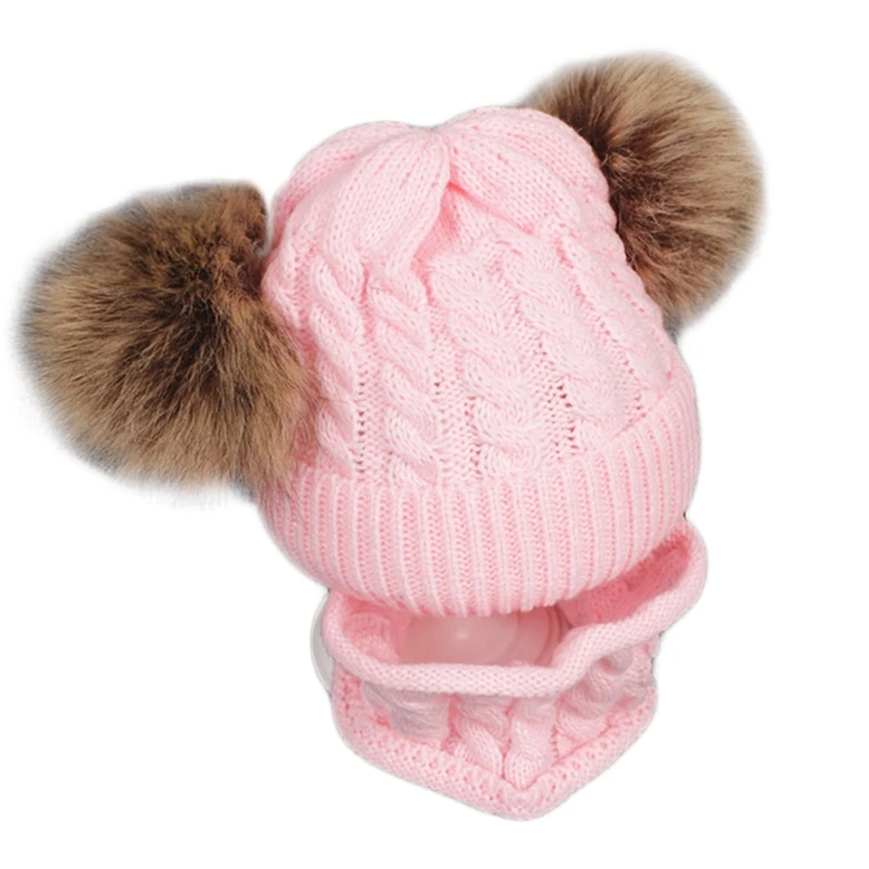 

2Pcs Toddler Baby Winter Chunky Knit Double Pompom Beanie Hat Circle Scarf Set