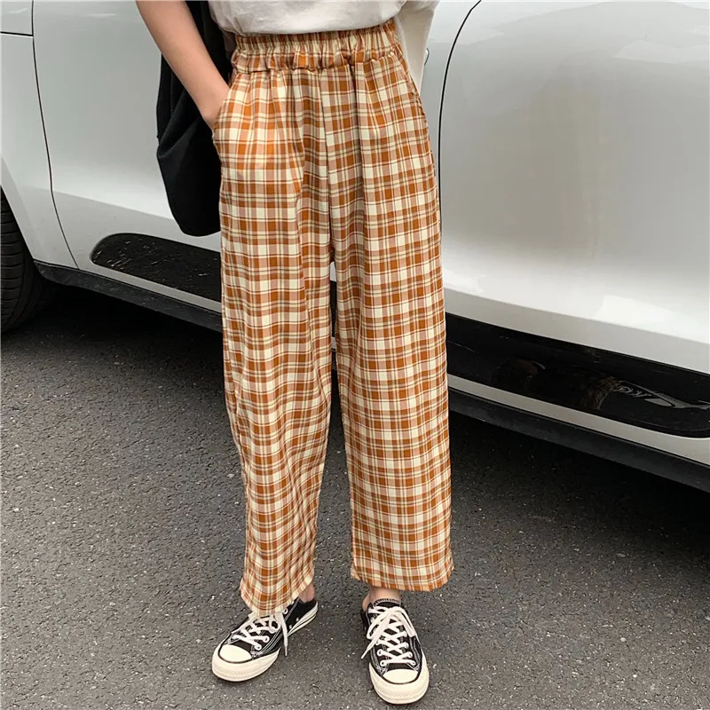 Женские свободные прямые повседневные длинные брюки в клетку эластичные узкие с