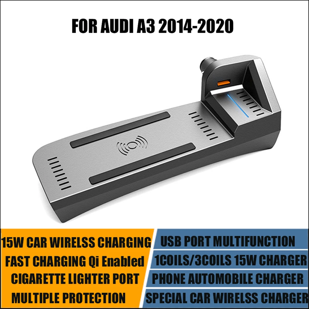 Qi For Audi A3 2014-2020 Car Wireless Charger In-car Cigarette Lighter Mobile Phone Fast Charging Modification Accessories 15W