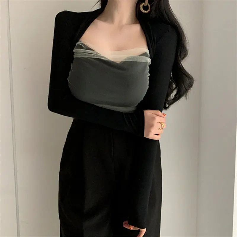 Футболка женская сетчатая с длинным рукавом в стиле пэчворк | Женская одежда