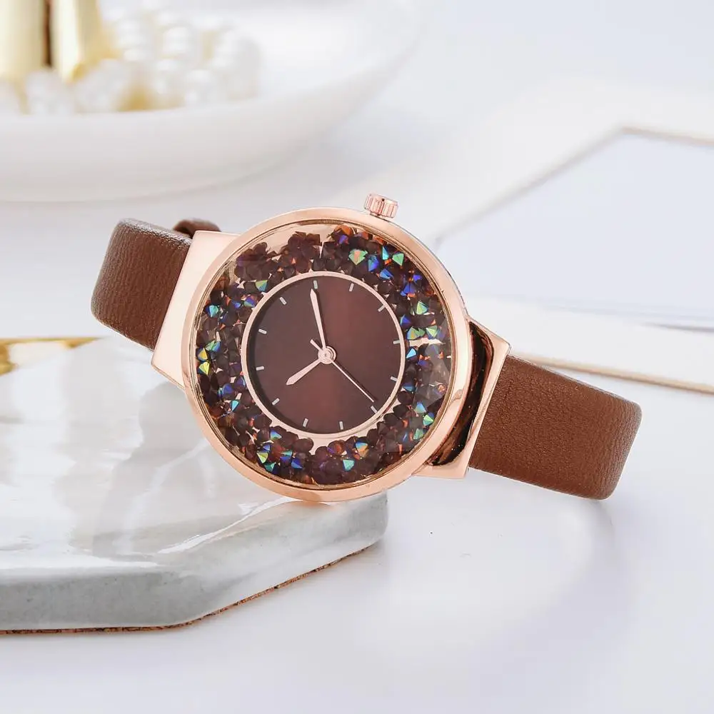 

Simple Watch Women Luxury Ladies Quartz Leather Strap Movable Rhinestones Watch Female Wristwatches Brown Clock Relogio Feminino