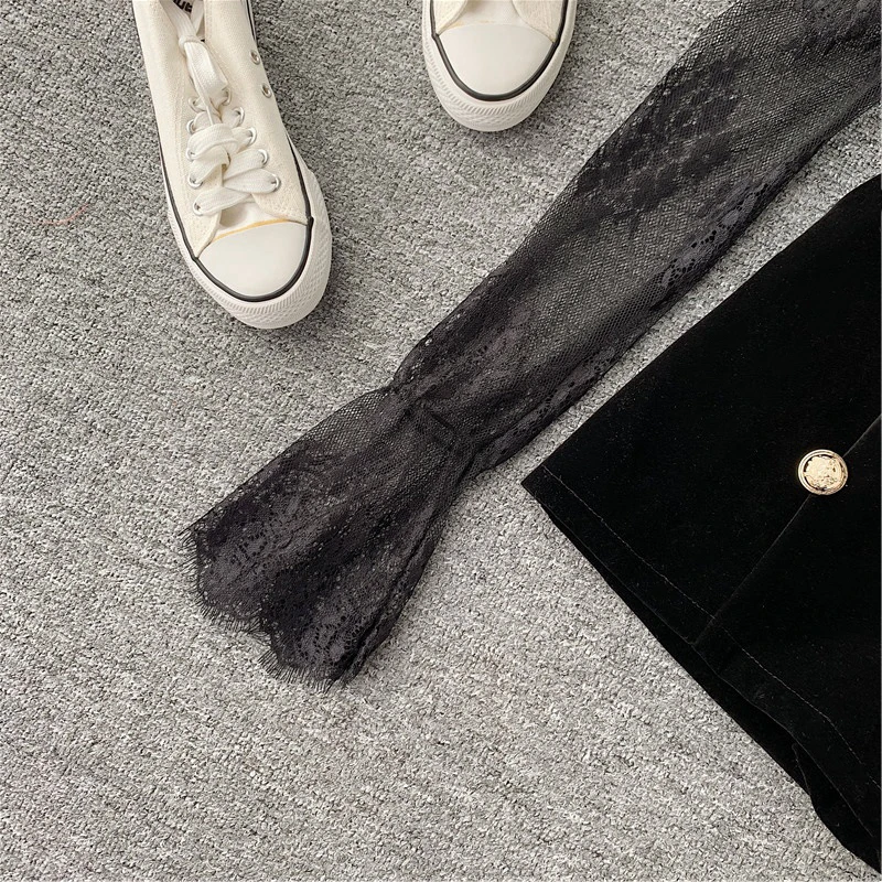 

Outfits Lace Tulle Pullover Flare Sleeve Shorts Gold Velvet Button Solid 2020 New Fashion Clothes Female