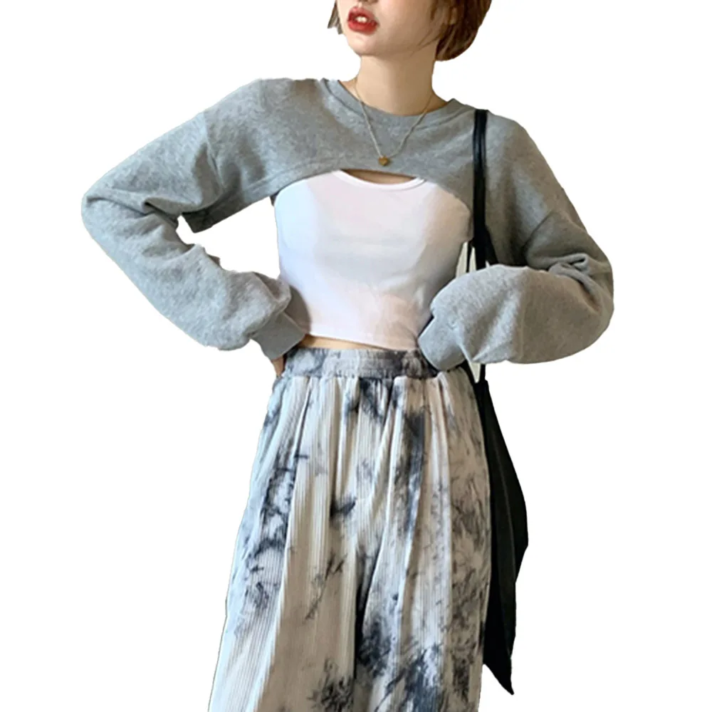 

Korean Version Hoodie Fashion Casual Loose Ultrashort Spring Autumn Round Neck Long Sleeve All-match Overlap Coat